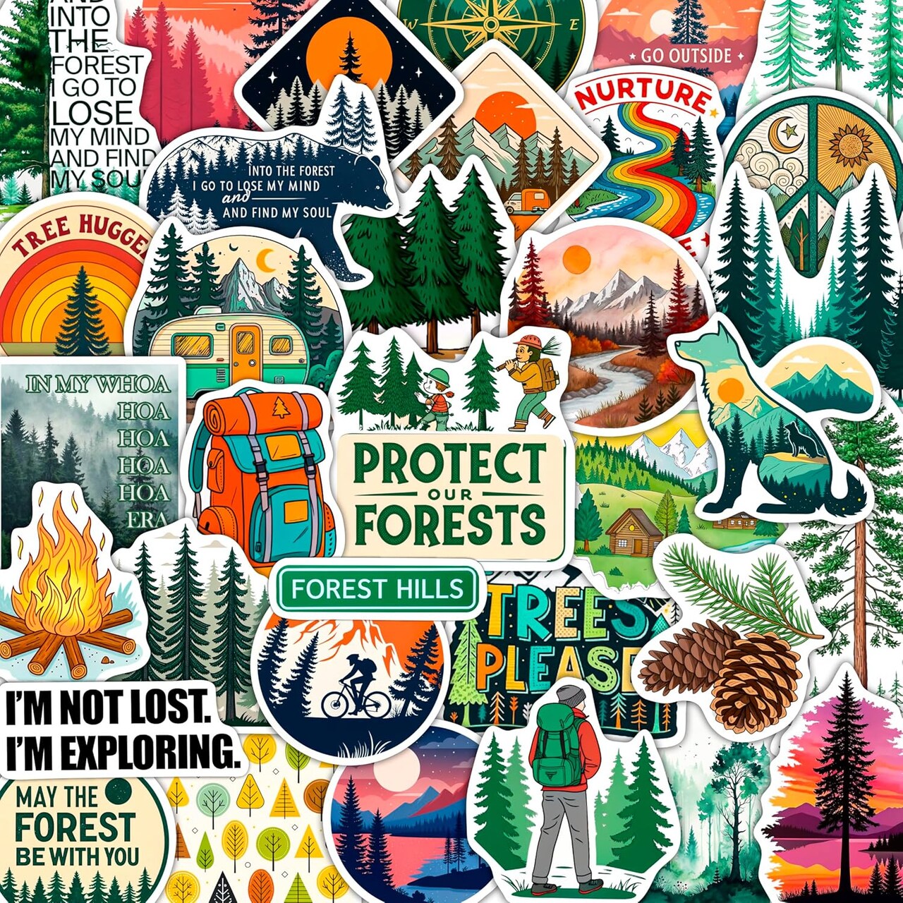 100PCS Forest Stickers Pack – Waterproof Vinyl Woodland Nature Stickers for Water Bottles, Laptops, Phones, Skateboards & Outdoor Party Decorations